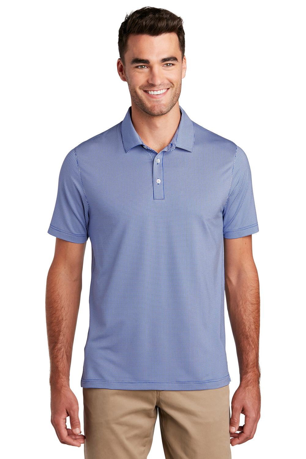 Port Authority K646 Mens Gingham Moisture Wicking Short Sleeve Polo Shirt True Royal Blue/White Model Front