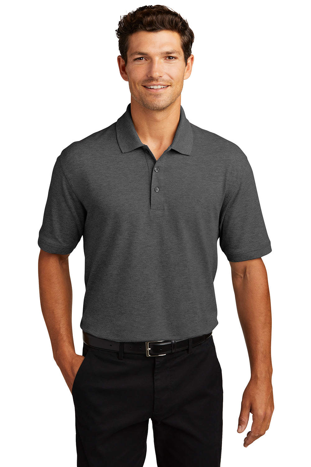 Port Authority K8000/TK8000 Mens Wrinkle Resistant Short Sleeve Polo Shirt Heather Charcoal Grey Model Front