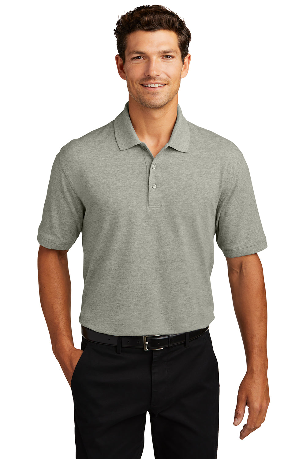 Port Authority K8000/TK8000 Mens Wrinkle Resistant Short Sleeve Polo Shirt Heather Oxford Grey Model Front