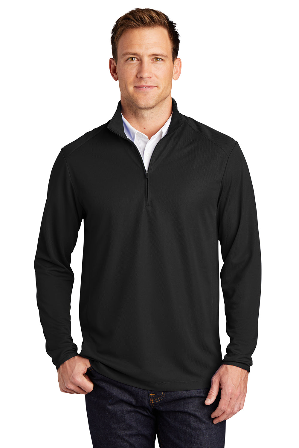 Port Authority K806 Mens Moisture Wicking 1/4 Zip Sweatshirt Black Model Front