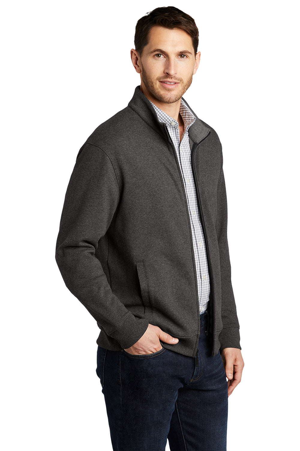 Port Authority K809 Mens Interlock Full Zip Jacket Heather Charcoal Grey/Heather Medium Grey Model 3q