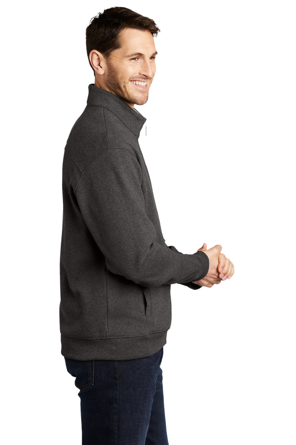 Port Authority K809 Mens Interlock Full Zip Jacket Heather Charcoal Grey/Heather Medium Grey Model Side