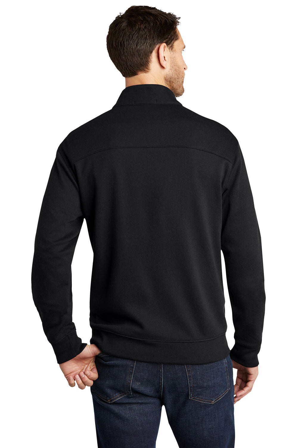 Port Authority K809 Mens Interlock Full Zip Jacket Deep Black/Heather Charcoal Grey Model Back