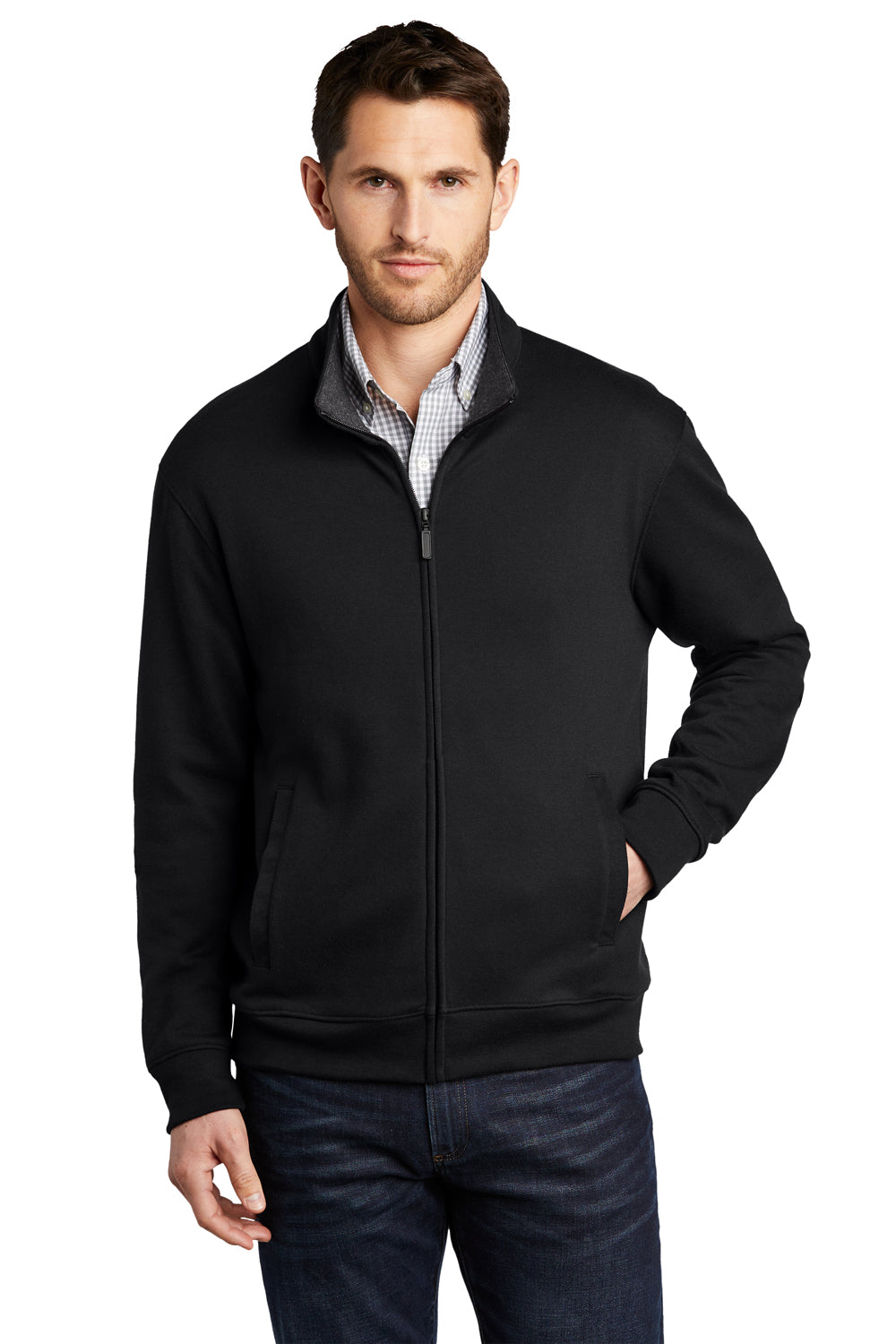 Port Authority K809 Mens Interlock Full Zip Jacket Deep Black/Heather Charcoal Grey Model Front