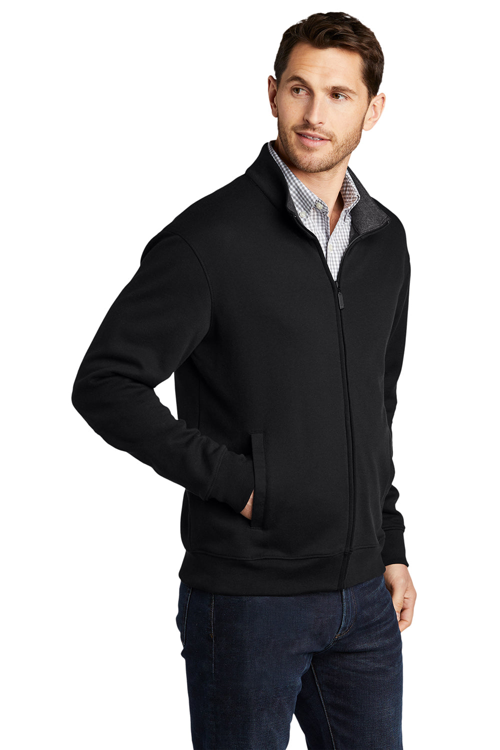 Port Authority K809 Mens Interlock Full Zip Jacket Deep Black/Heather Charcoal Grey Model 3q