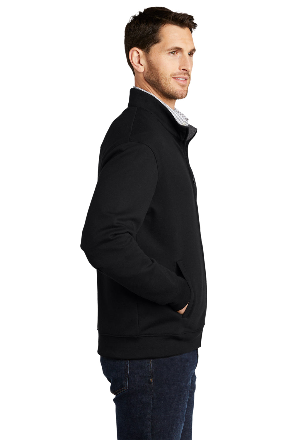 Port Authority K809 Mens Interlock Full Zip Jacket Deep Black/Heather Charcoal Grey Model Side