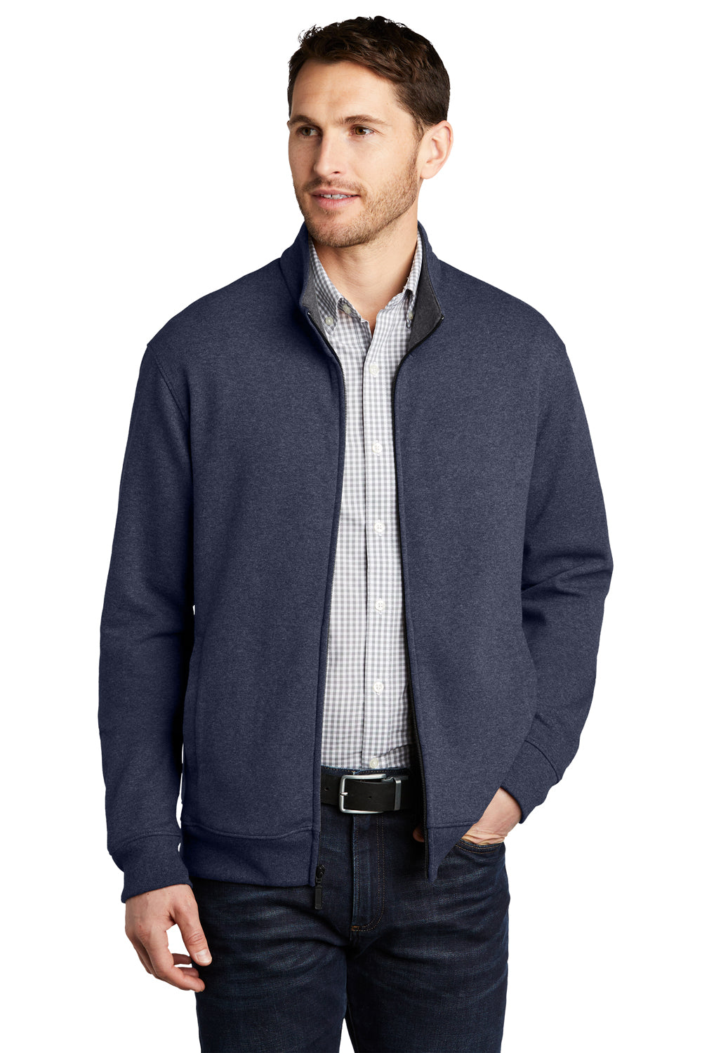 Port Authority K809 Mens Interlock Full Zip Jacket Heather Estate Blue/Heather Charcoal Grey Model Front