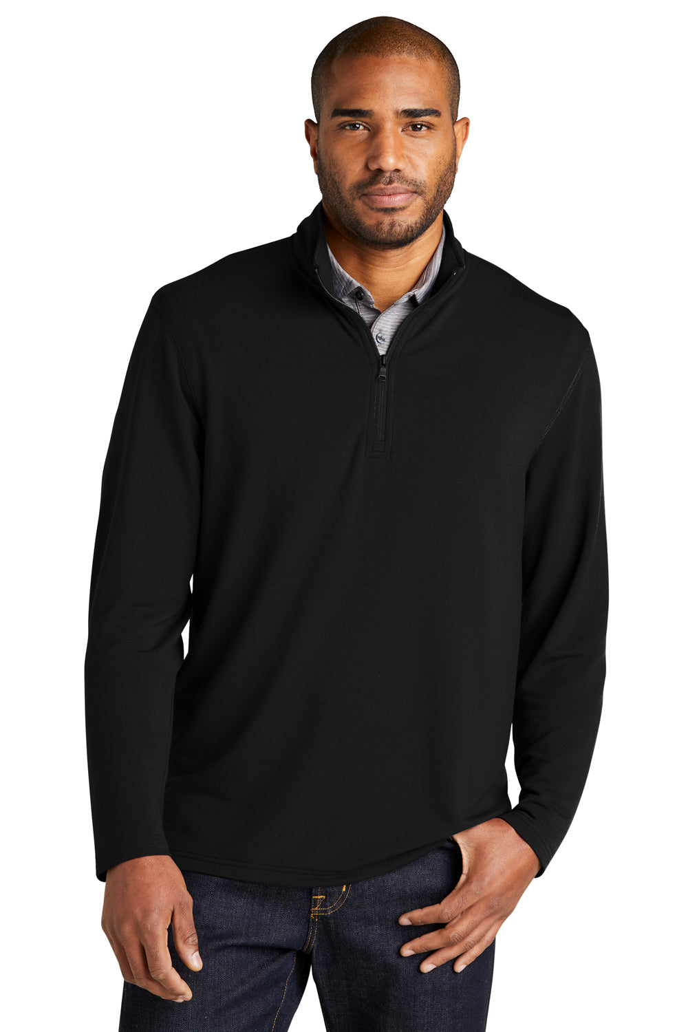 Port Authority K825 Mens Microterry Snag Resistant 1/4 Zip Sweatshirt Deep Black Model Front