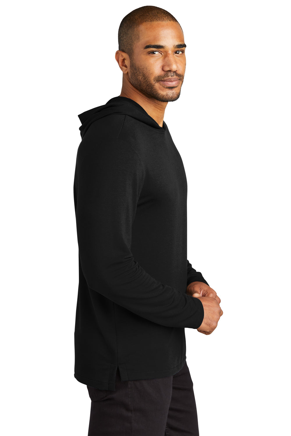 Port Authority K826 Mens Microterry Snag Resistant Hooded Sweatshirt Hoodie Deep Black Model Side