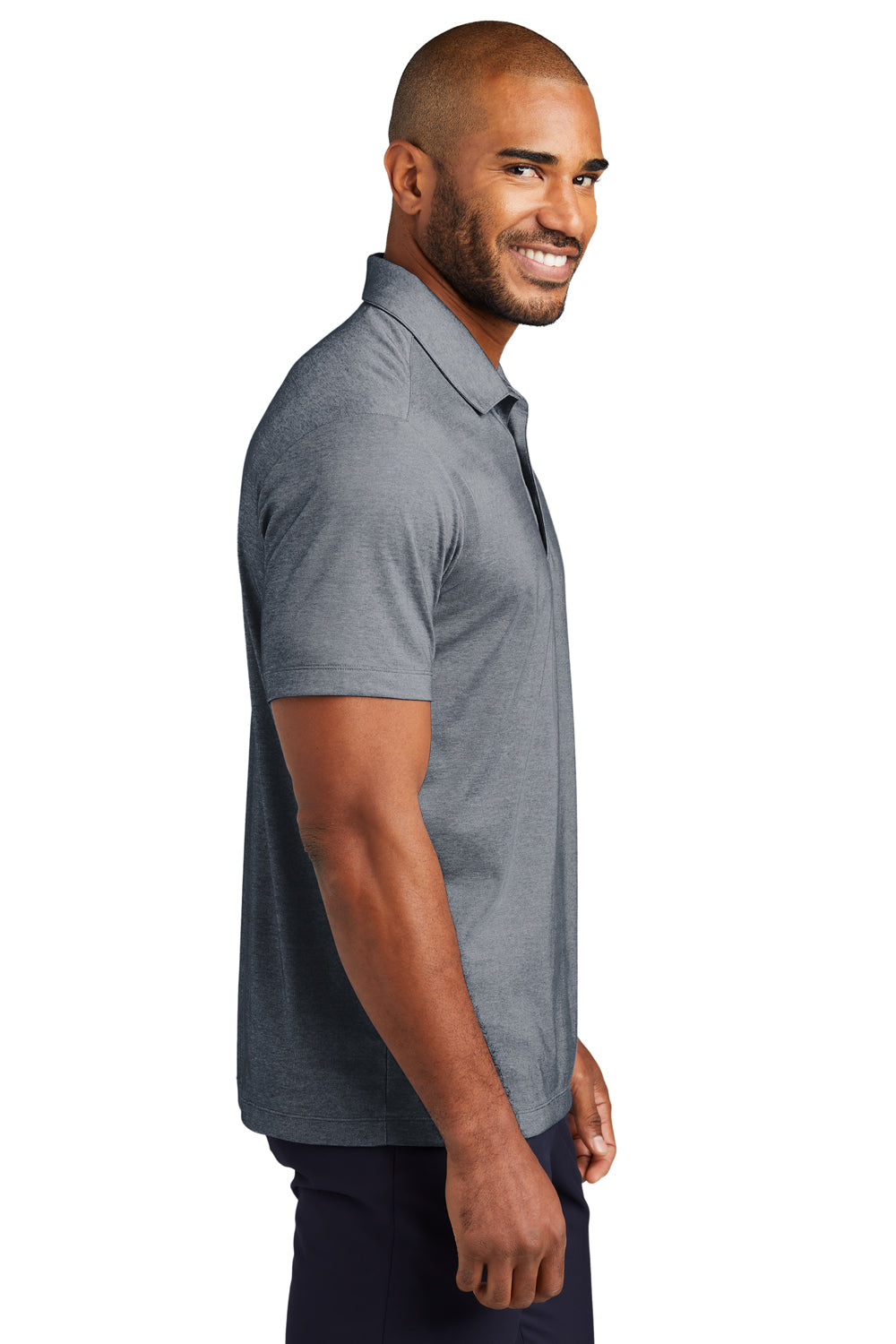 Port Authority K830 Mens Fine Pique Moisture Wicking Short Sleeve Polo Shirt Heather River Navy Blue Model Side