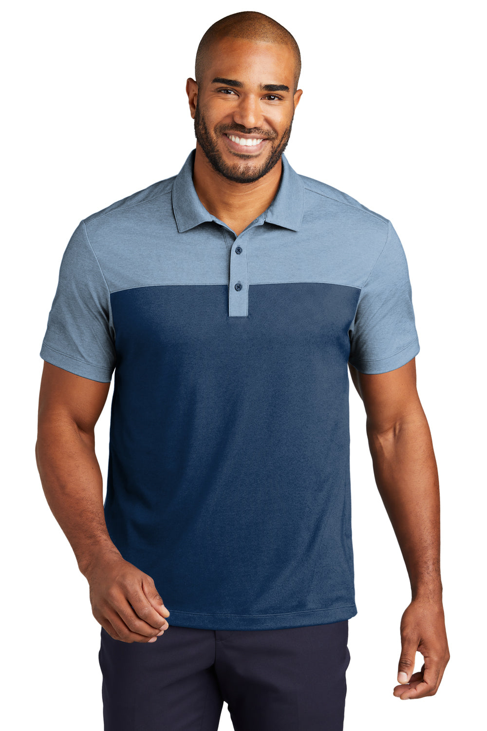 Port Authority K831 Mens Fine Pique Blocked Moisture Wicking Short Sleeve Polo Shirt Heather Aegean Blue Model Front