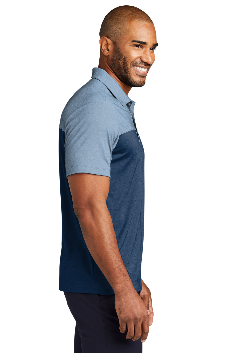 Port Authority K831 Mens Fine Pique Blocked Moisture Wicking Short Sleeve Polo Shirt Heather Aegean Blue Model Side