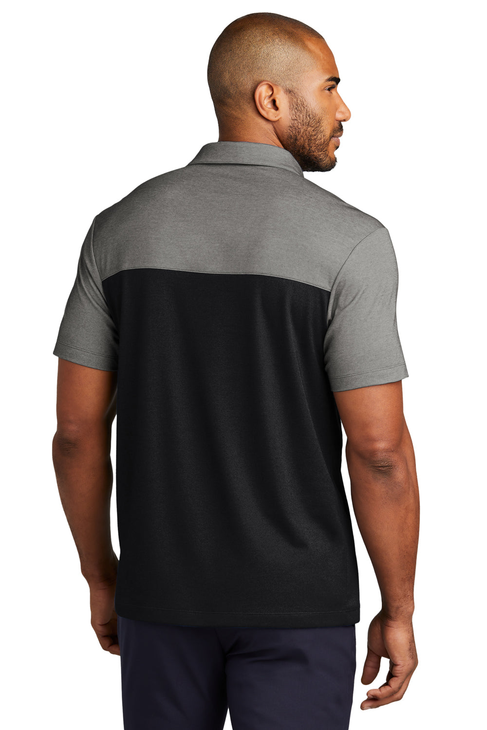 Port Authority K831 Mens Fine Pique Blocked Moisture Wicking Short Sleeve Polo Shirt Deep Black/Heather Charcoal Grey Model Back