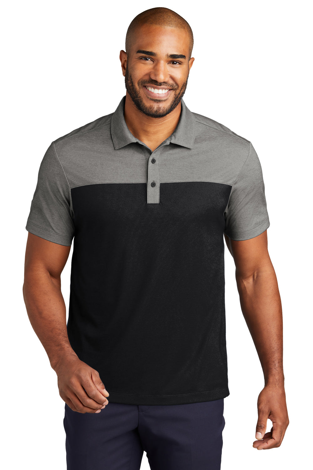 Port Authority K831 Mens Fine Pique Blocked Moisture Wicking Short Sleeve Polo Shirt Deep Black/Heather Charcoal Grey Model Front