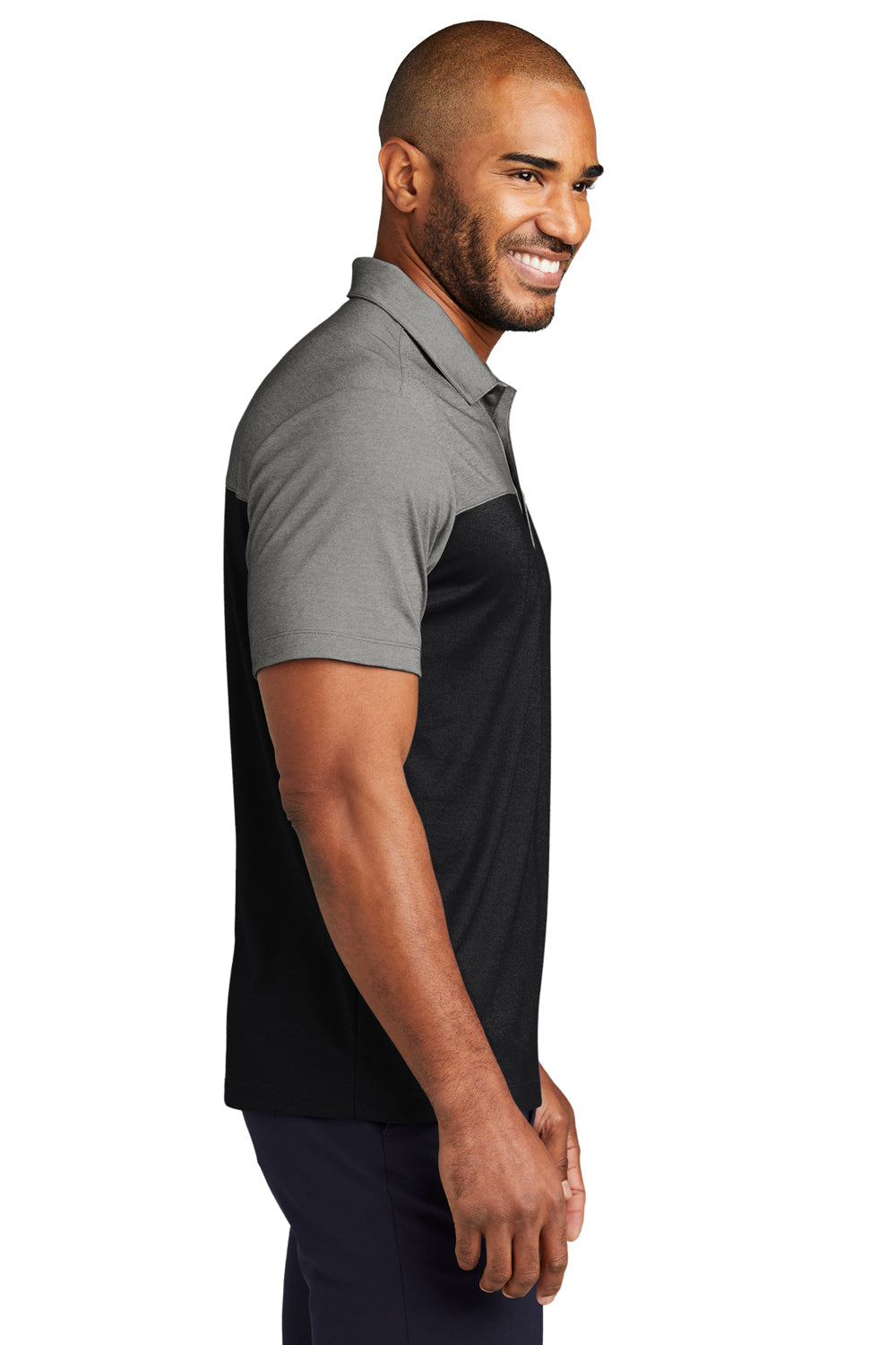 Port Authority K831 Mens Fine Pique Blocked Moisture Wicking Short Sleeve Polo Shirt Deep Black/Heather Charcoal Grey Model Side