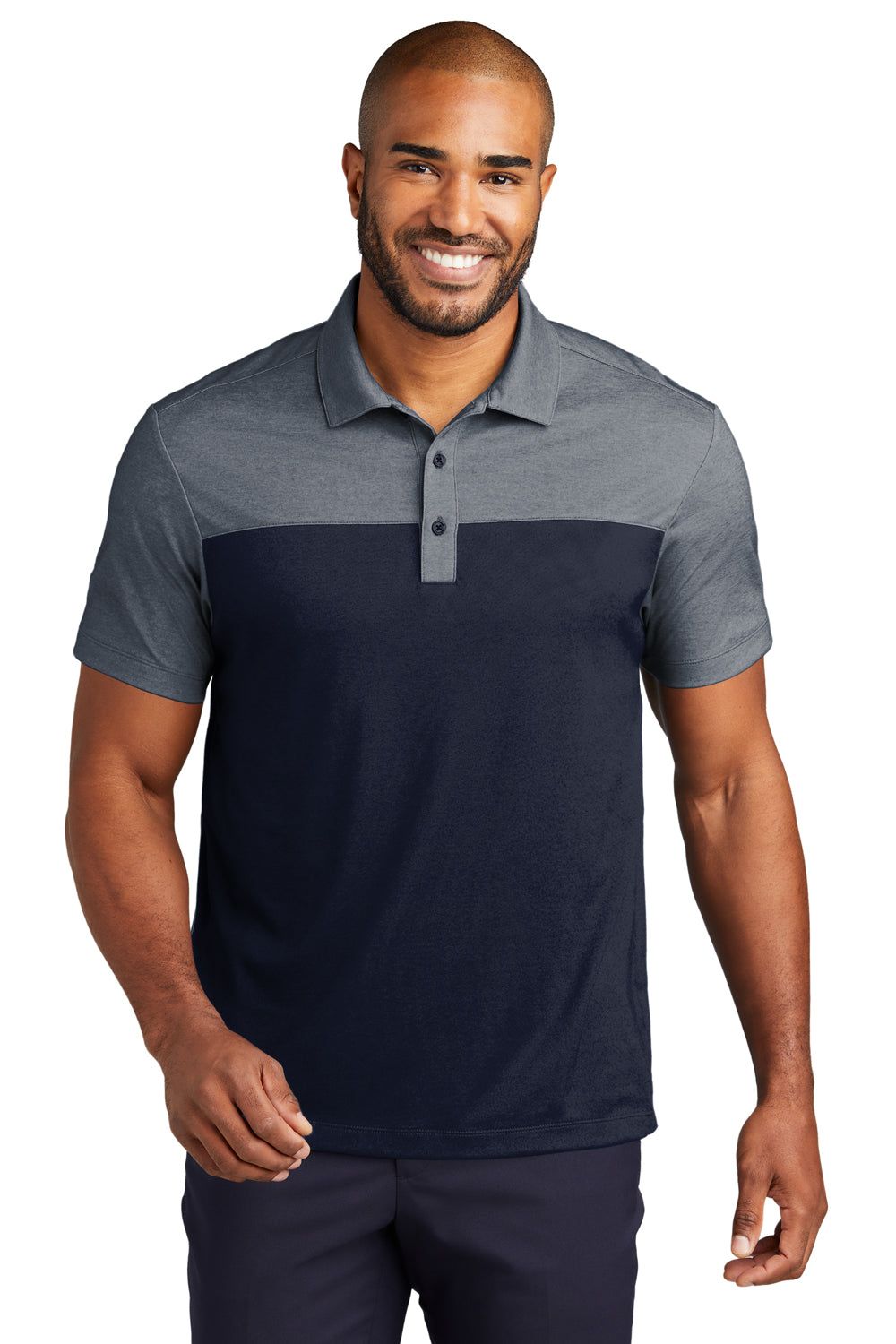 Port Authority K831 Mens Fine Pique Blocked Moisture Wicking Short Sleeve Polo Shirt River Navy Blue/Heather River Navy Blue Model Front