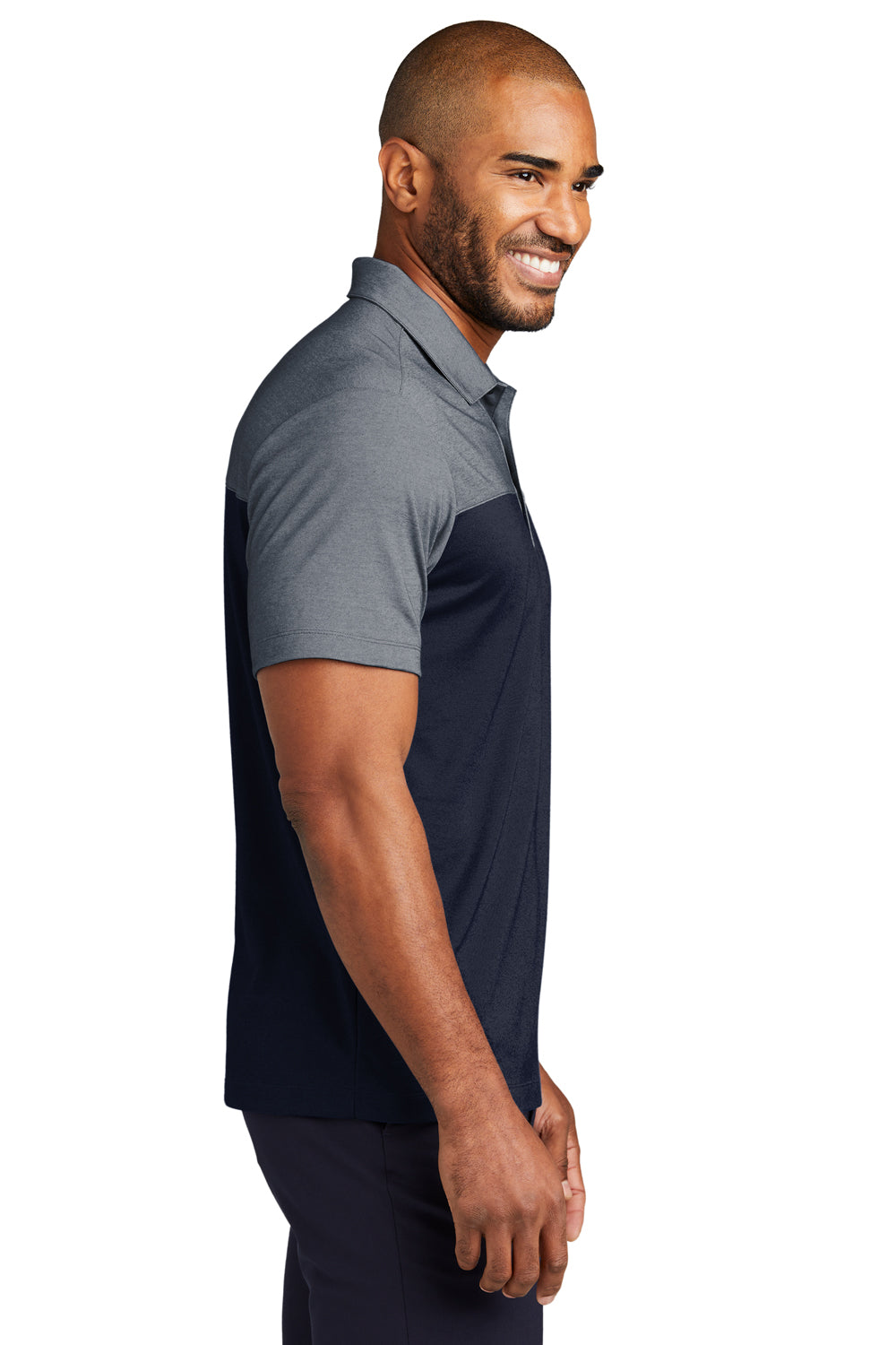 Port Authority K831 Mens Fine Pique Blocked Moisture Wicking Short Sleeve Polo Shirt River Navy Blue/Heather River Navy Blue Model Side