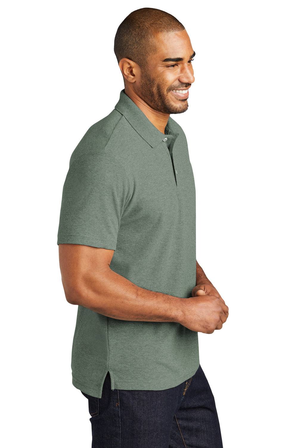 Port Authority K867 Mens C-FREE Pique Short Sleeve Polo Shirt Heather Dark Green Model Side