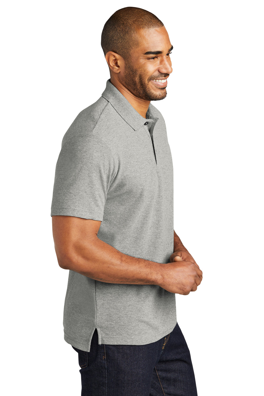 Port Authority K867 Mens C-FREE Pique Short Sleeve Polo Shirt Heather Deep Smoke Grey Model Side