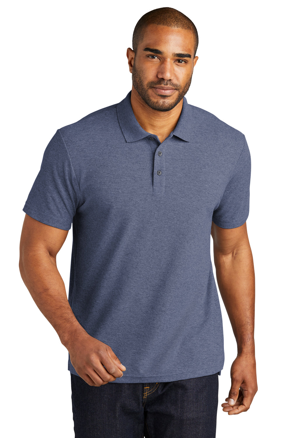 Port Authority K867 Mens C-FREE Pique Short Sleeve Polo Shirt Heather Navy Blue Model Front