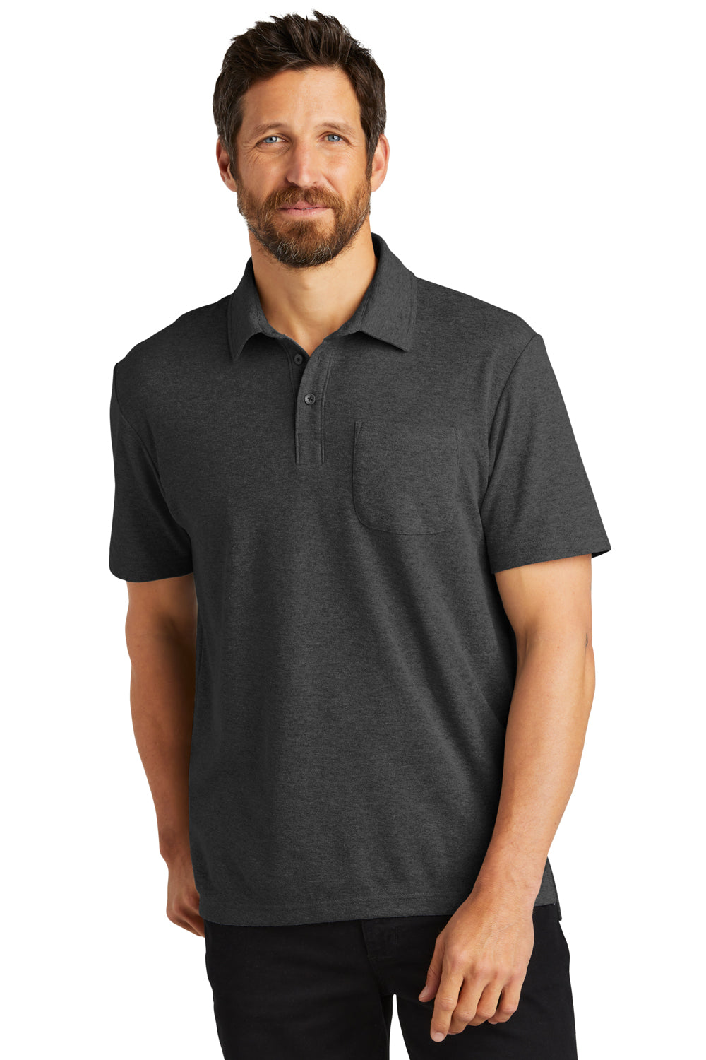 Port Authority K868 Mens C-FREE Pique Short Sleeve Polo Shirt w/ Pocket Heather Charcoal Grey Model Front