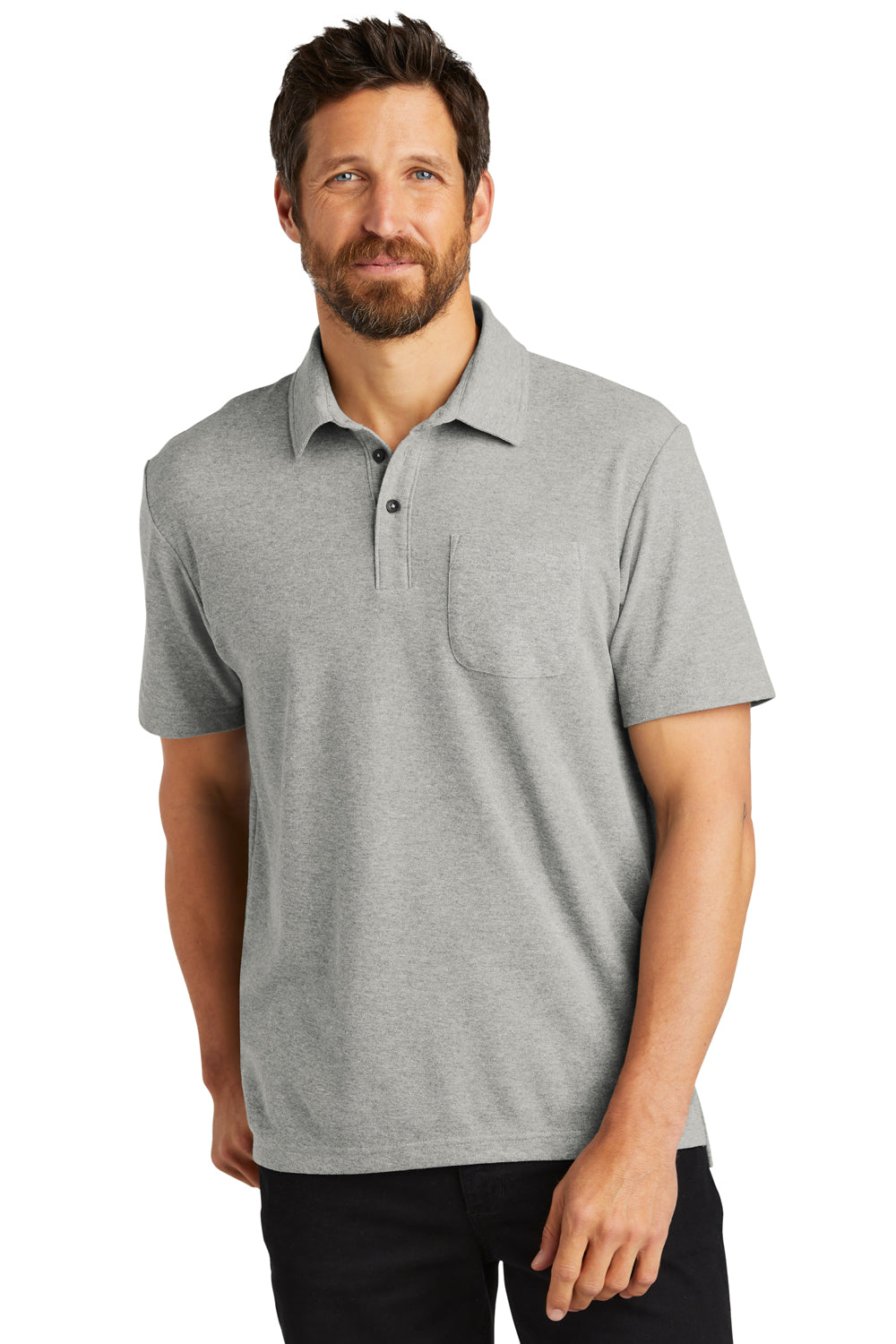 Port Authority K868 Mens C-FREE Pique Short Sleeve Polo Shirt w/ Pocket Heather Deep Smoke Grey Model Front