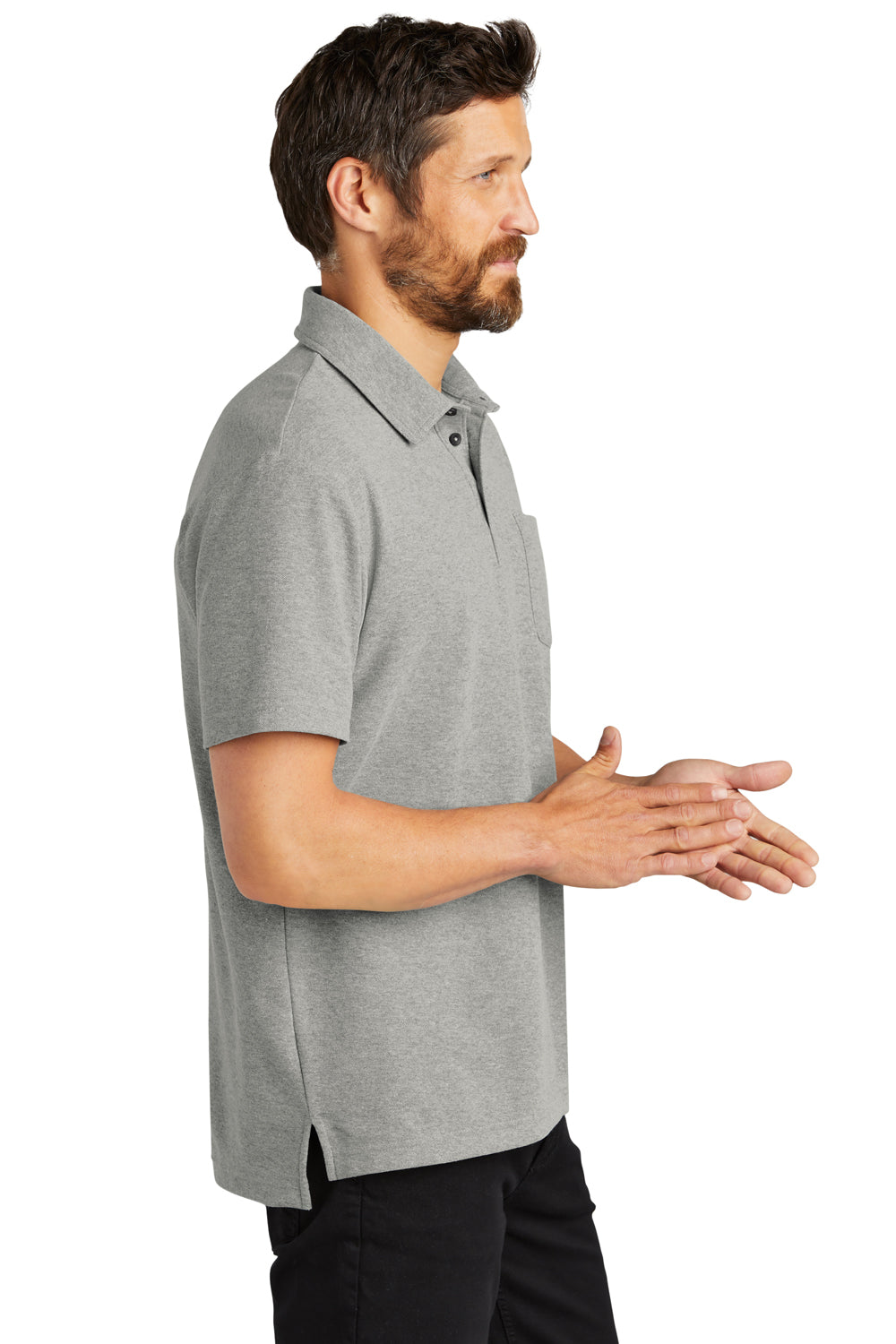 Port Authority K868 Mens C-FREE Pique Short Sleeve Polo Shirt w/ Pocket Heather Deep Smoke Grey Model Side