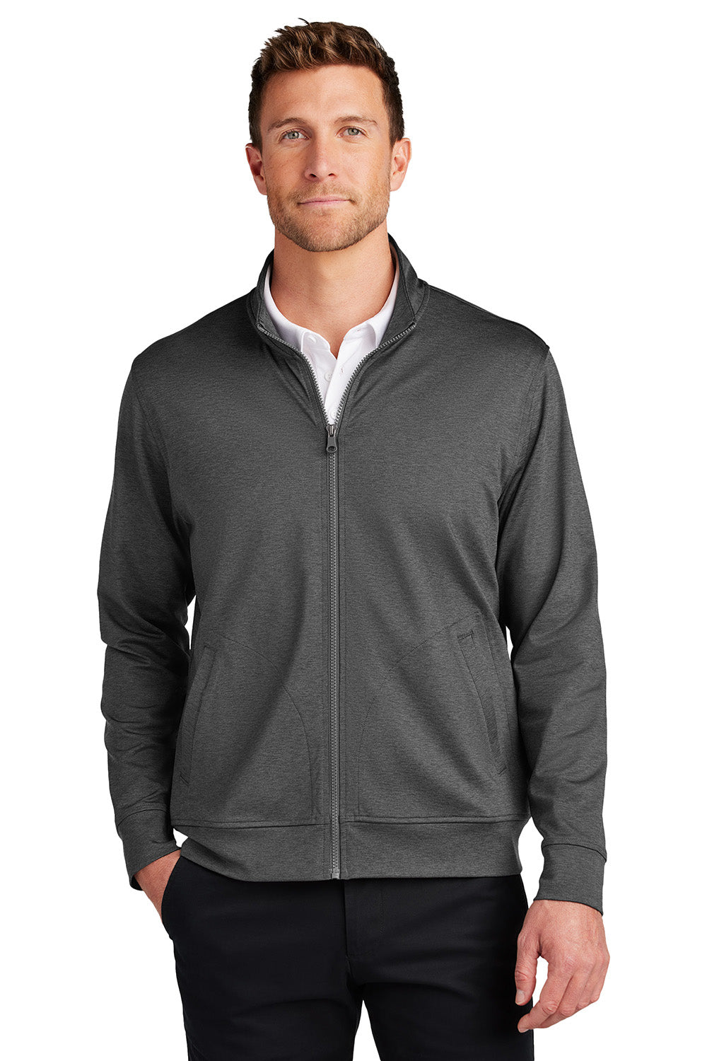 Port Authority K881 Mens C-FREE Double Knit Full Zip Sweatshirt Heather Steel Grey Model Front