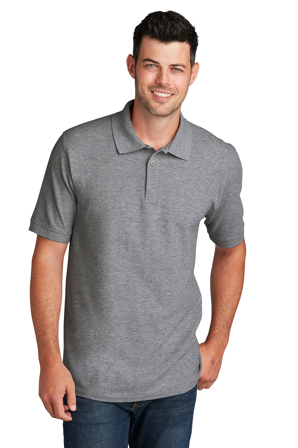 Port & Company KP155 Mens Core Stain Resistant Short Sleeve Polo Shirt Heather Grey Model Front