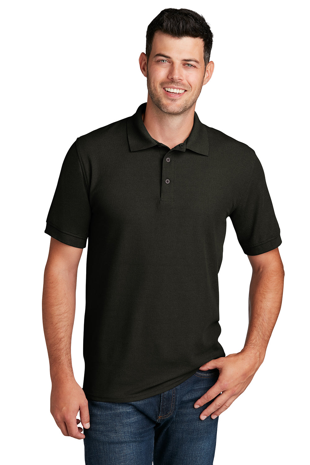 Port & Company KP155 Mens Core Stain Resistant Short Sleeve Polo Shirt Jet Black Model Front