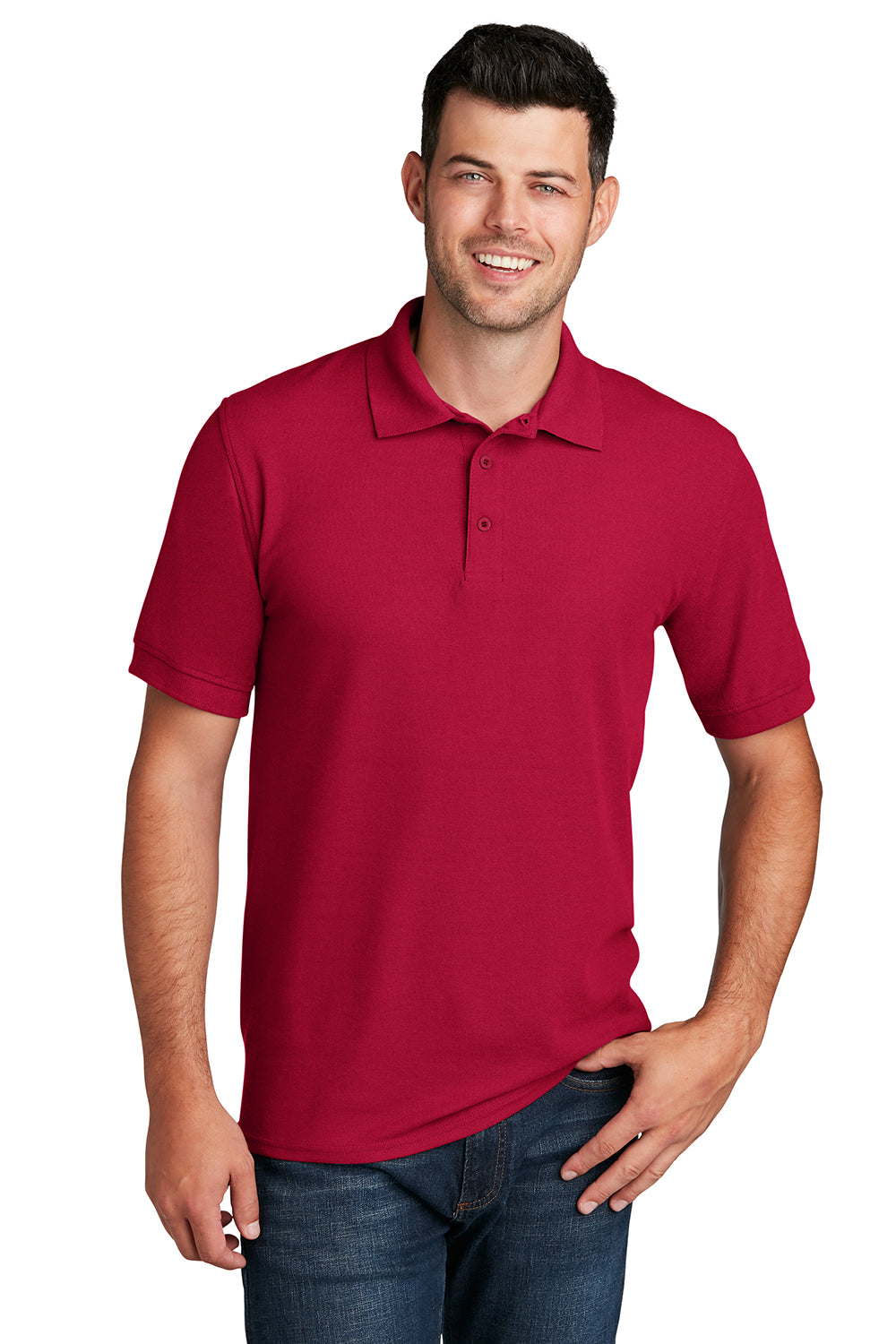 Port & Company KP155 Mens Core Stain Resistant Short Sleeve Polo Shirt Red Model Front