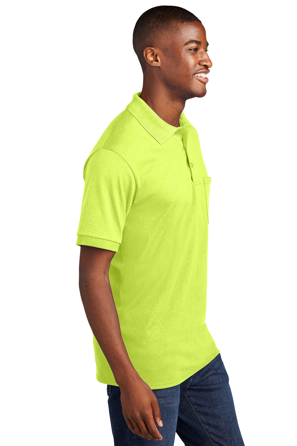 Port & Company KP55P Mens Core Stain Resistant Short Sleeve Polo Shirt w/ Pocket Safety Green Model Side