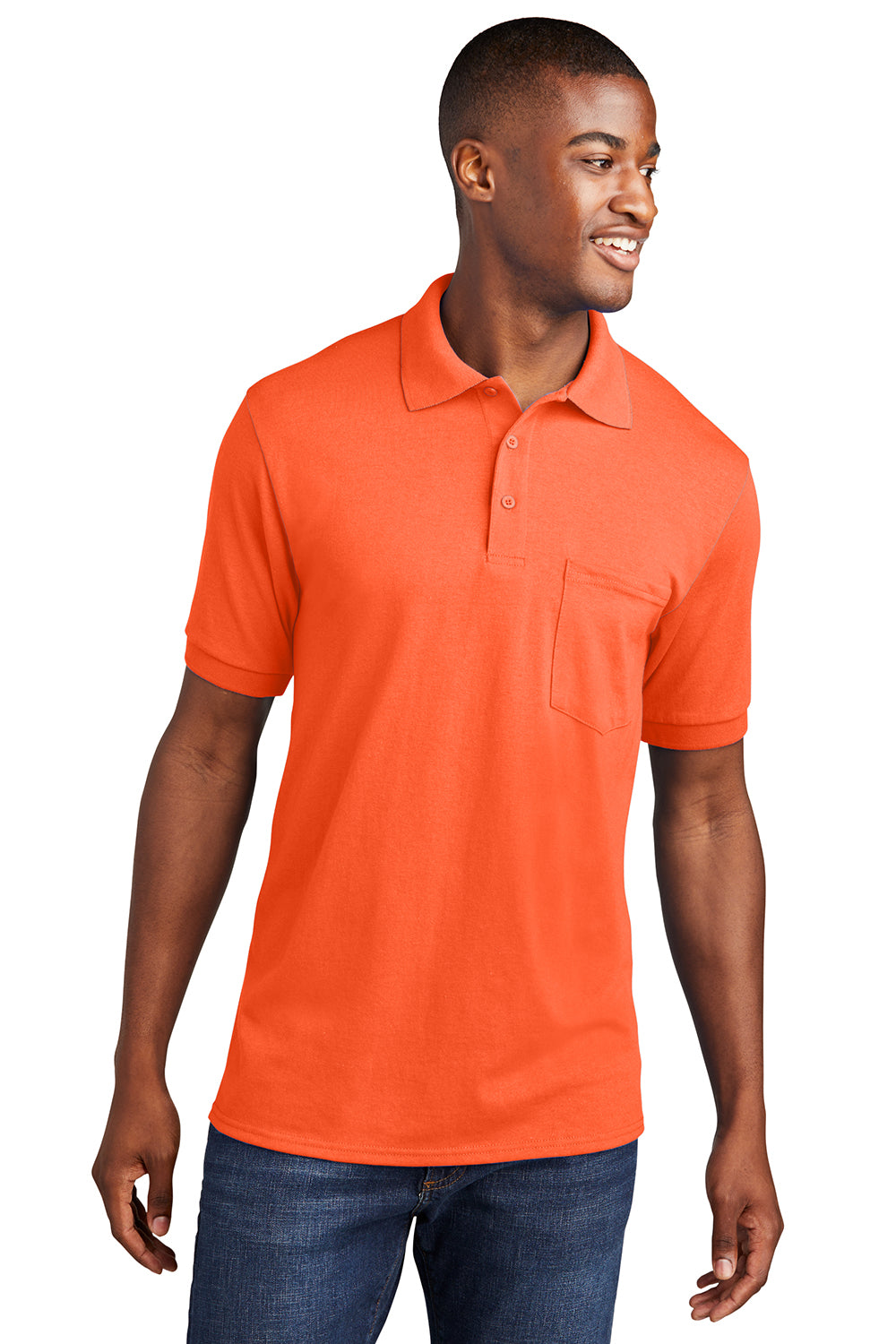 Port & Company KP55P Mens Core Stain Resistant Short Sleeve Polo Shirt w/ Pocket Safety Orange Model Front