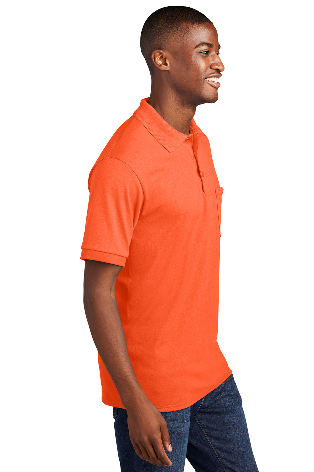 Port & Company KP55P Mens Core Stain Resistant Short Sleeve Polo Shirt w/ Pocket Safety Orange Model Side