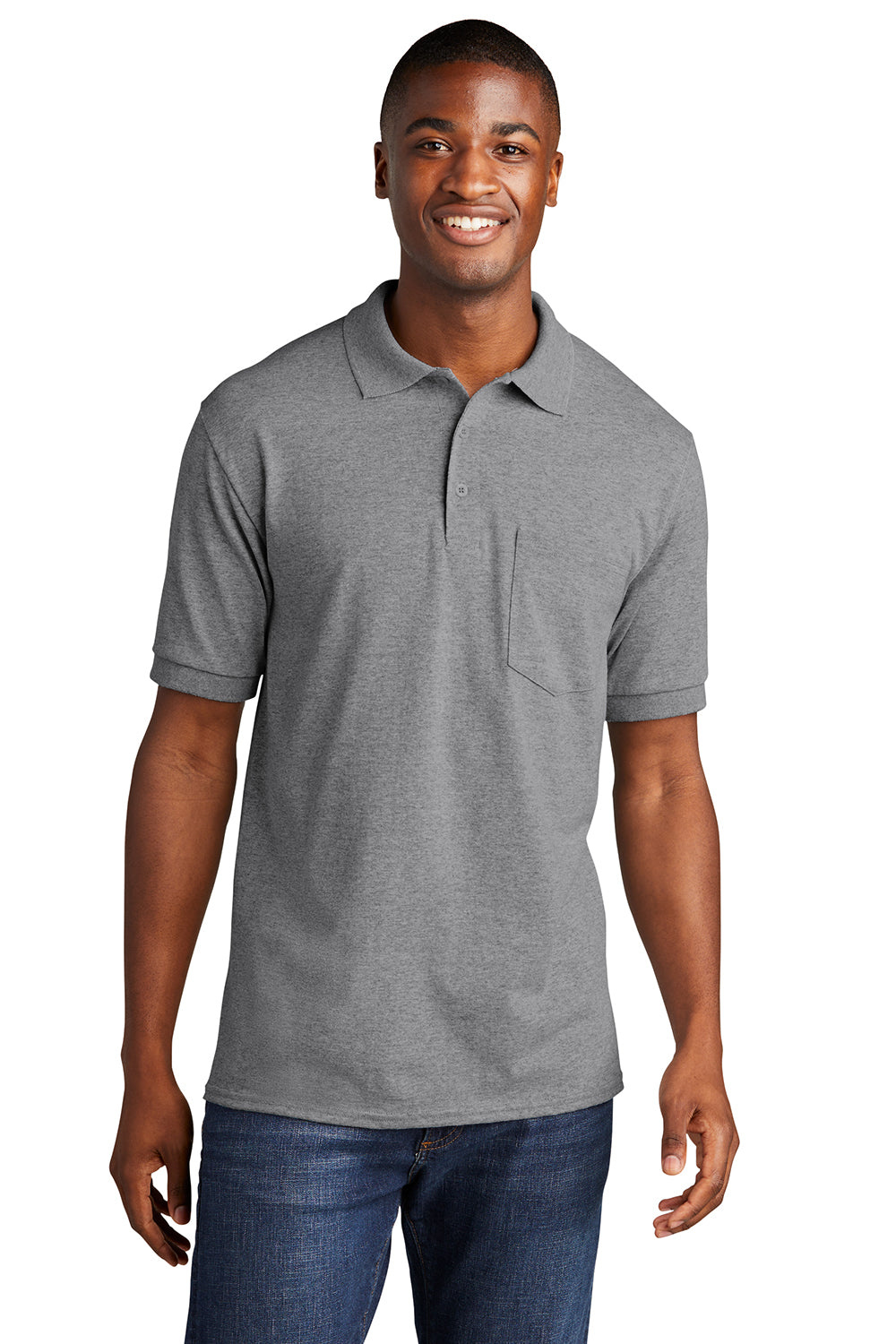 Port & Company KP55P Mens Core Stain Resistant Short Sleeve Polo Shirt w/ Pocket Heather Grey Model Front