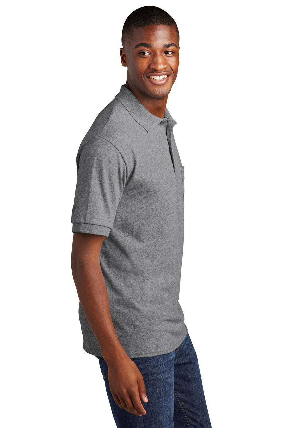 Port & Company KP55P Mens Core Stain Resistant Short Sleeve Polo Shirt w/ Pocket Heather Grey Model Side