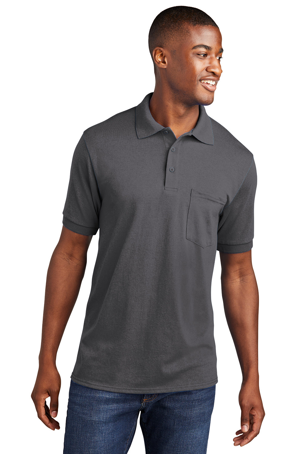 Port & Company KP55P Mens Core Stain Resistant Short Sleeve Polo Shirt w/ Pocket Charcoal Grey Model Front