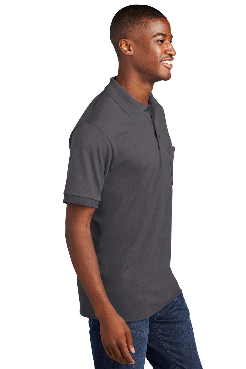 Port & Company KP55P Mens Core Stain Resistant Short Sleeve Polo Shirt w/ Pocket Charcoal Grey Model Side