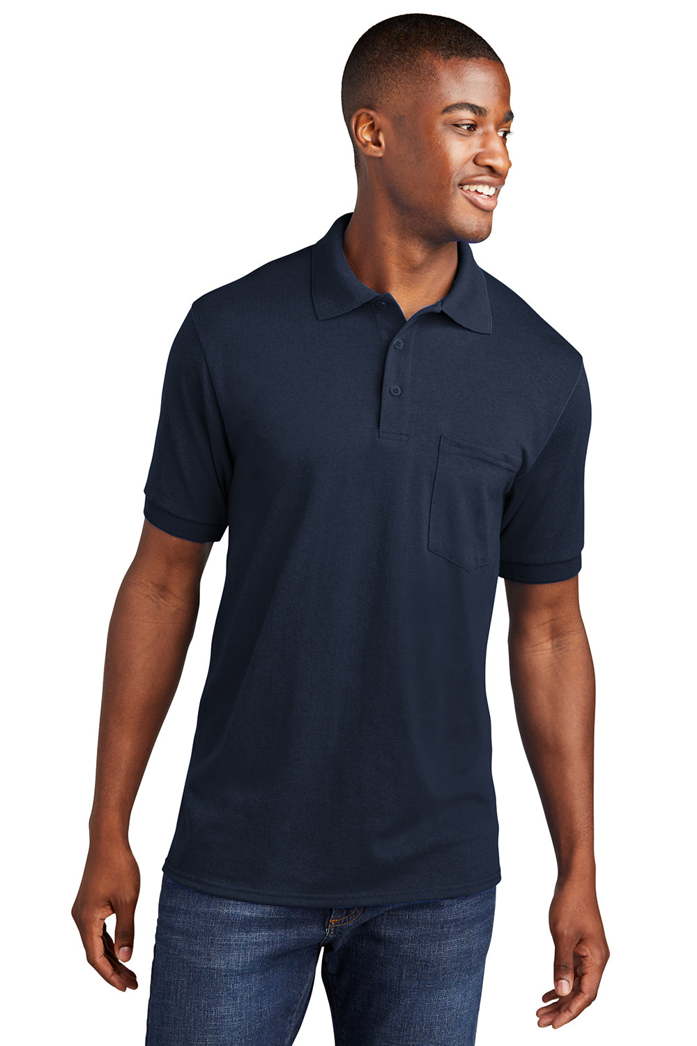 Port & Company KP55P Mens Core Stain Resistant Short Sleeve Polo Shirt w/ Pocket Deep Navy Blue Model Front