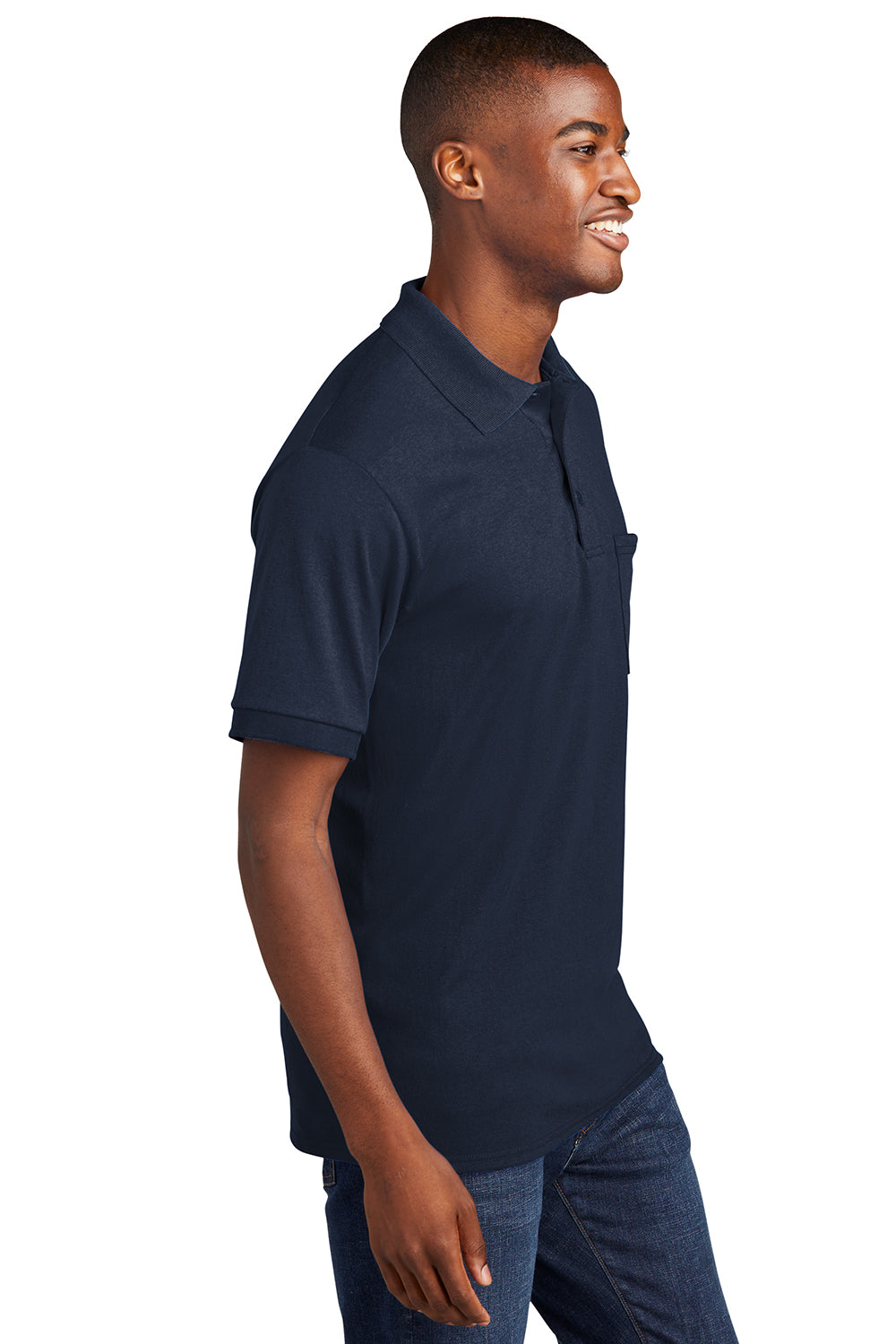 Port & Company KP55P Mens Core Stain Resistant Short Sleeve Polo Shirt w/ Pocket Deep Navy Blue Model Side