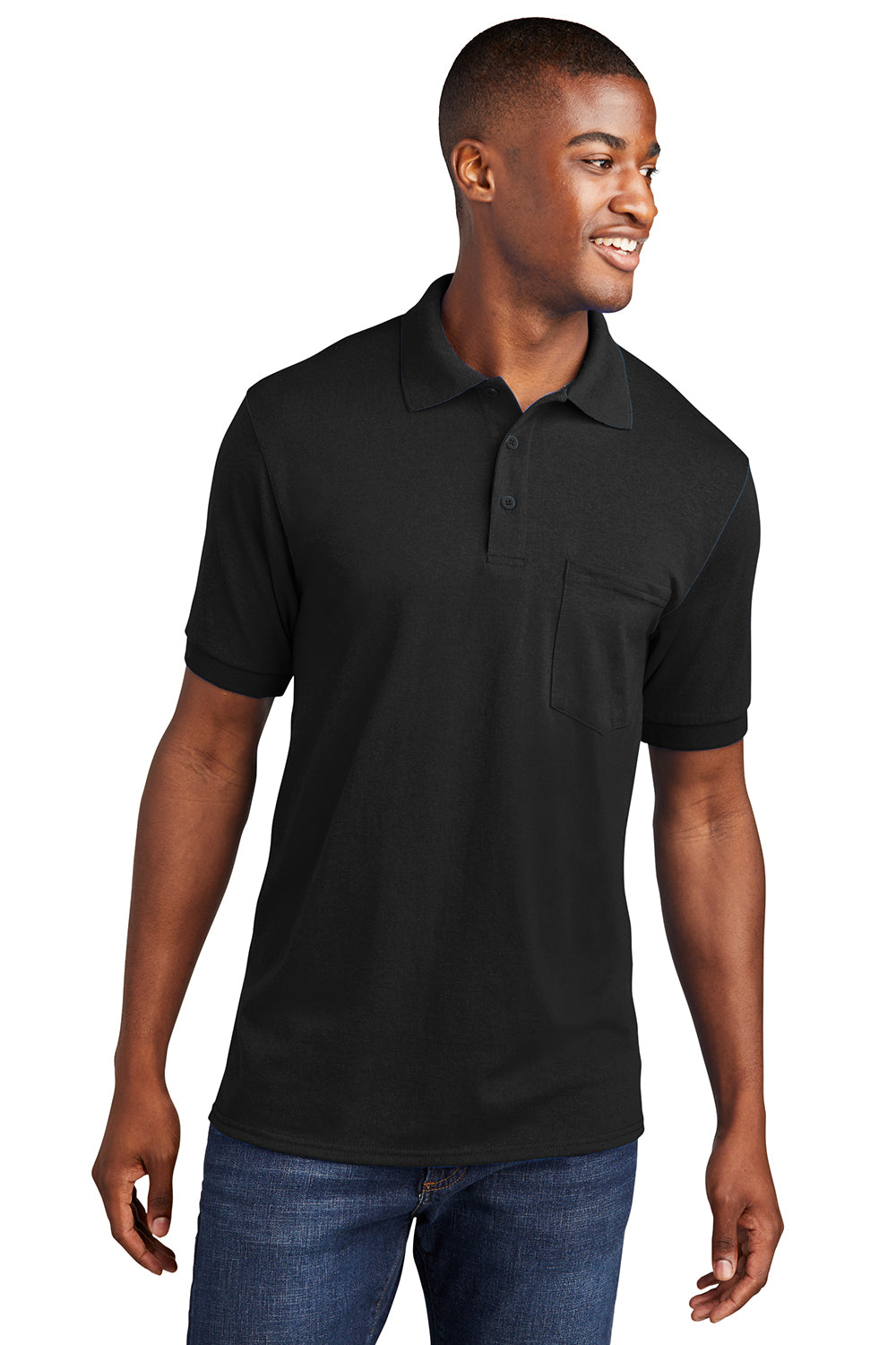 Port & Company KP55P Mens Core Stain Resistant Short Sleeve Polo Shirt w/ Pocket Jet Black Model Front