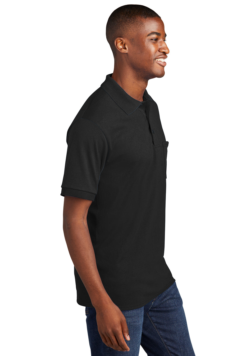 Port & Company KP55P Mens Core Stain Resistant Short Sleeve Polo Shirt w/ Pocket Jet Black Model Side