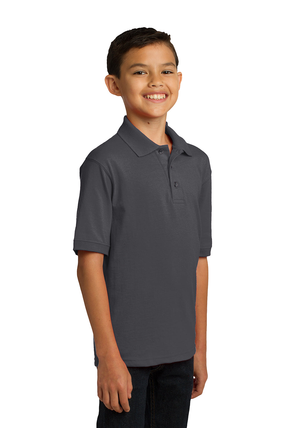 Port & Company KP55Y Youth Core Stain Resistant Short Sleeve Polo Shirt Charcoal Grey Model 3q