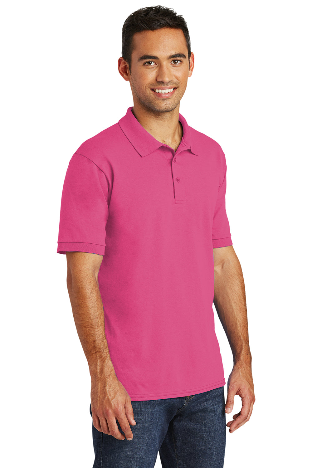 Port & Company KP55/KP55T Mens Core Stain Resistant Short Sleeve Polo Shirt Sangria Pink Model 3q