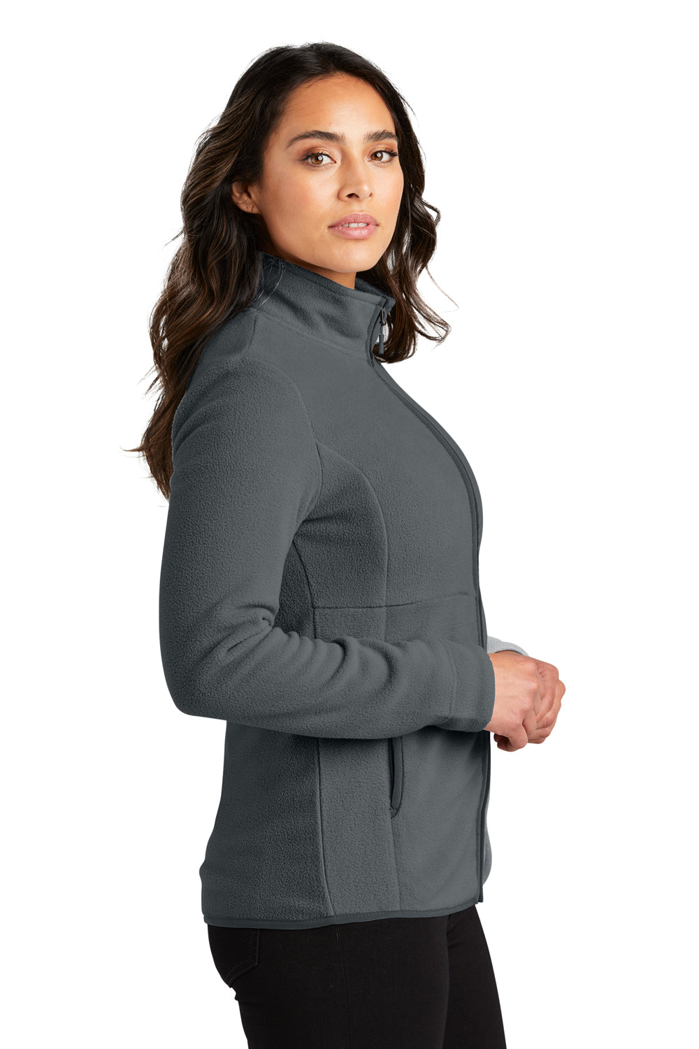 Port Authority L110 Womens Connection Pill Resistant Fleece Full Zip Jacket Charcoal Grey Model Side