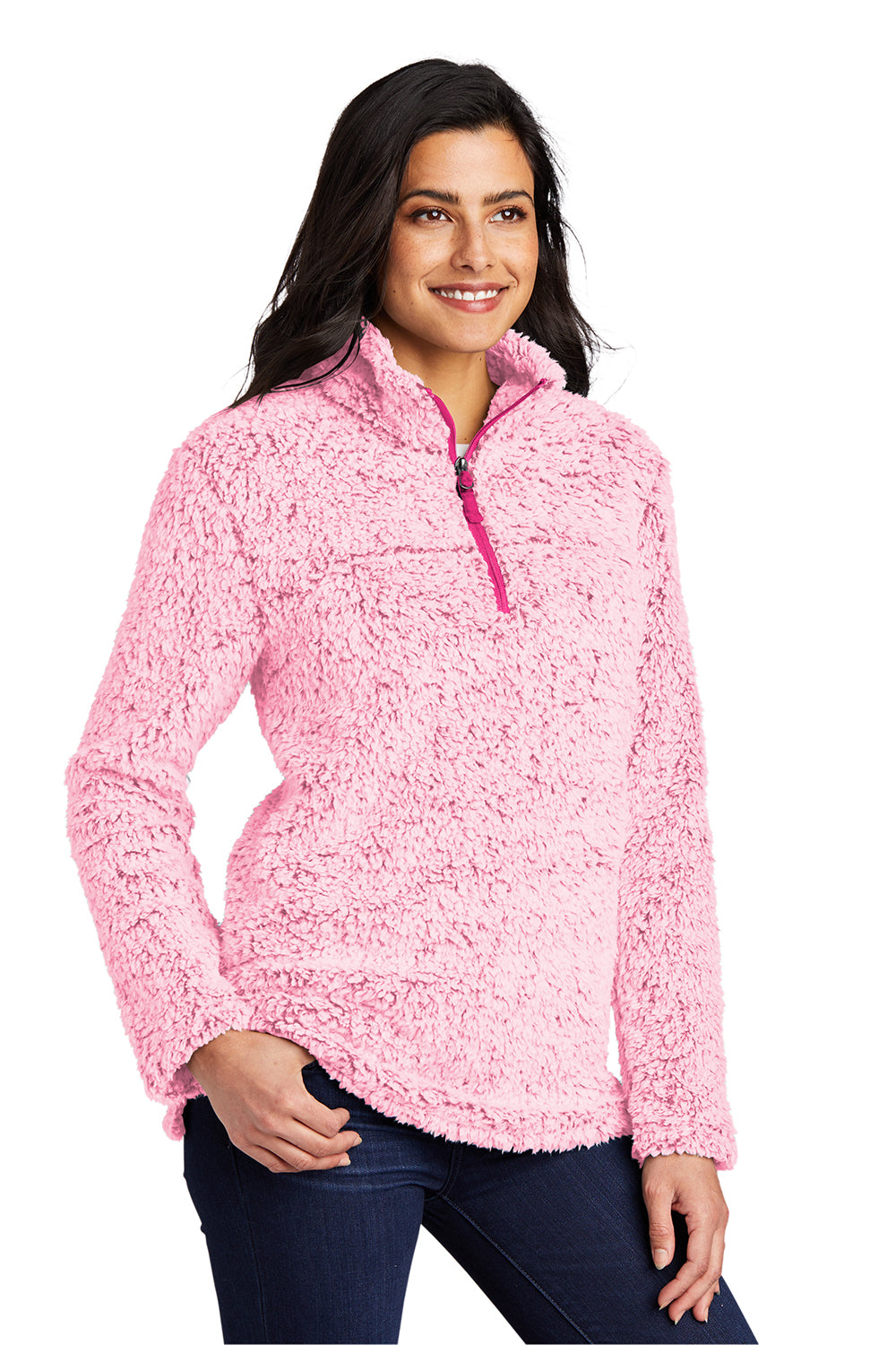 Port Authority L130 Womens Cozy Sherpa Fleece 1/4 Zip Jacket Heather Pop Raspberry Pink Model 3q