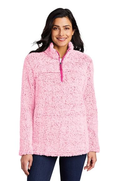 Port Authority L130 Womens Cozy Sherpa Fleece 1/4 Zip Jacket Heather Pop Raspberry Pink Model Front