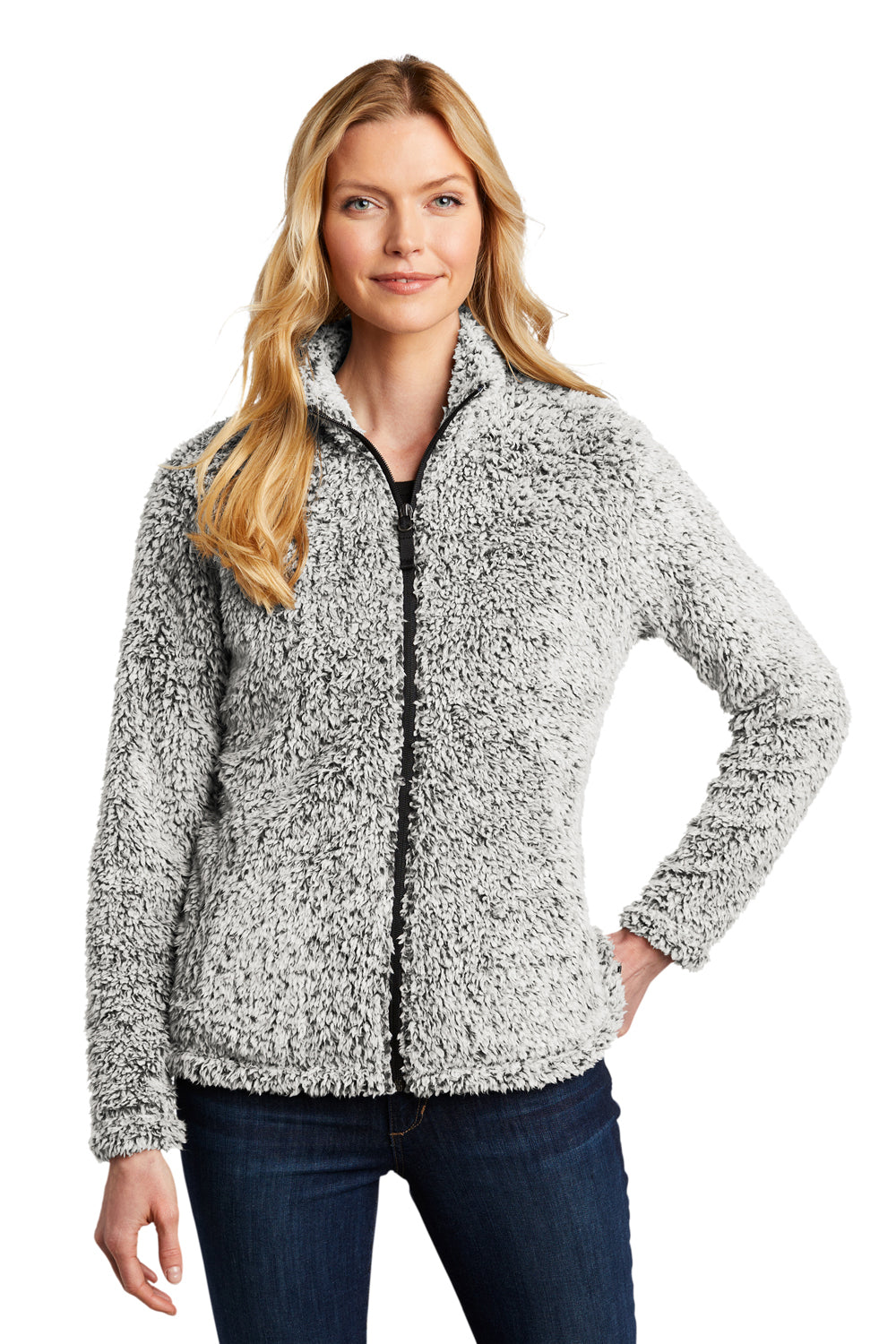 Port Authority L131 Womens Cozy Sherpa Fleece Full Zip Jacket Heather Grey Model Front