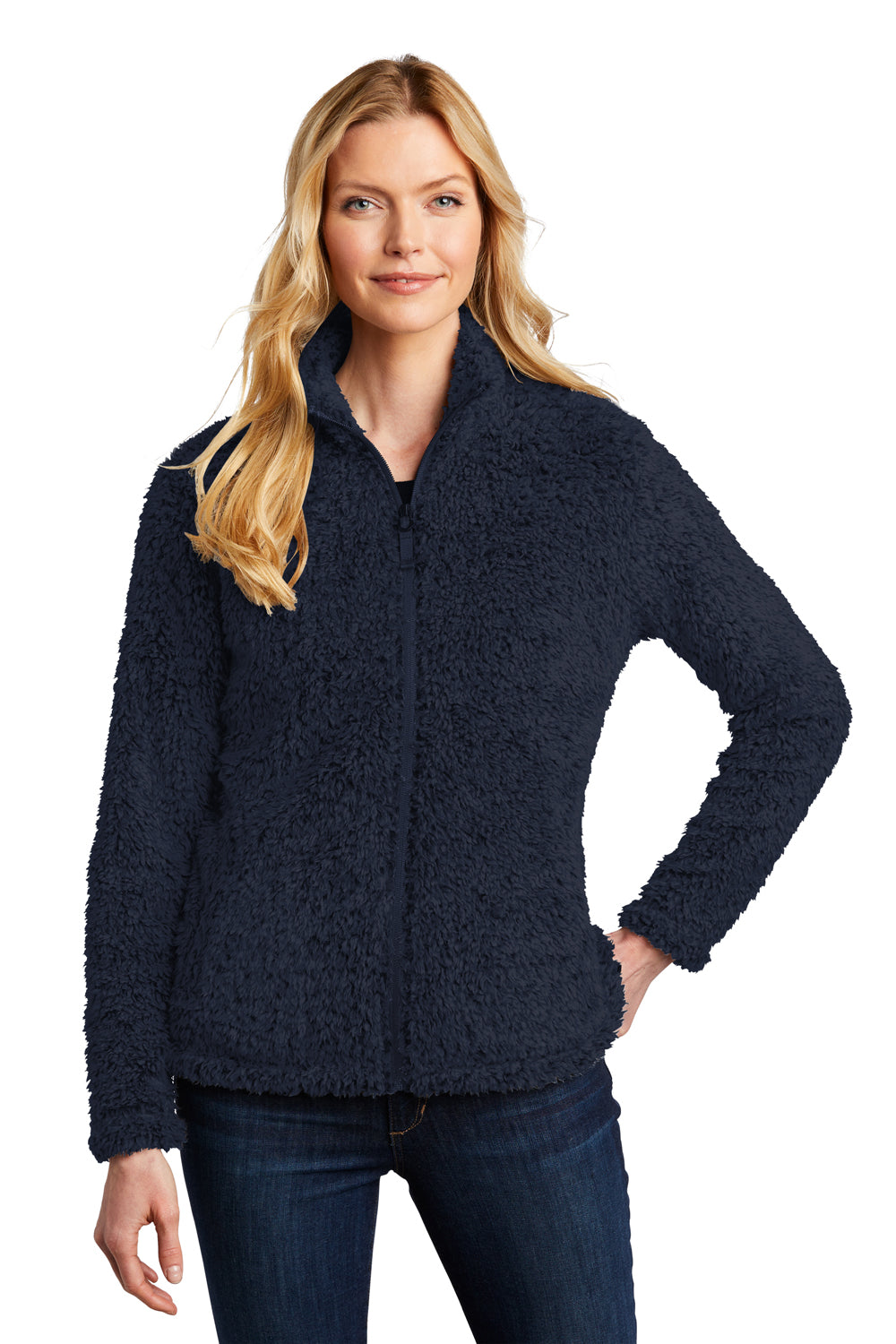 Port Authority L131 Womens Cozy Sherpa Fleece Full Zip Jacket River Navy Blue Model Front