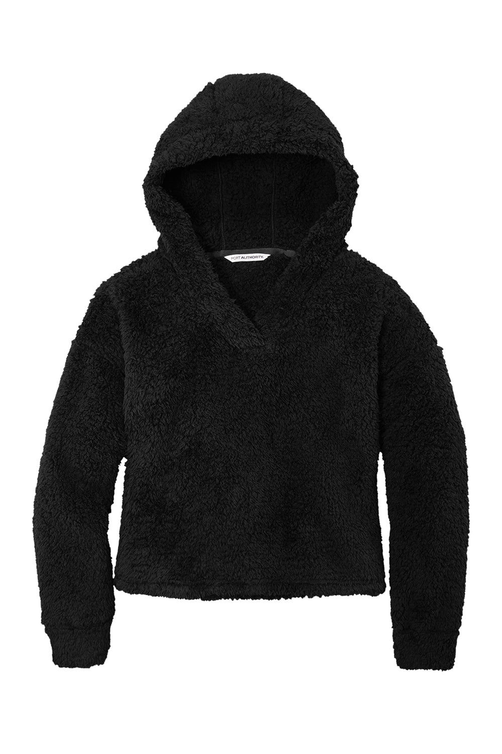 Port Authority L132 Womens Cozy Sherpa Fleece Hooded Sweatshirt Hoodie Black Flat Front